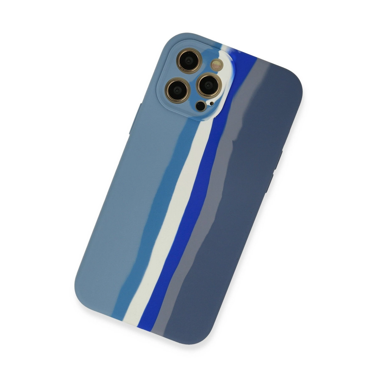 Arkada üç kamerası olan, çizgili mavi telefon kılıfı.