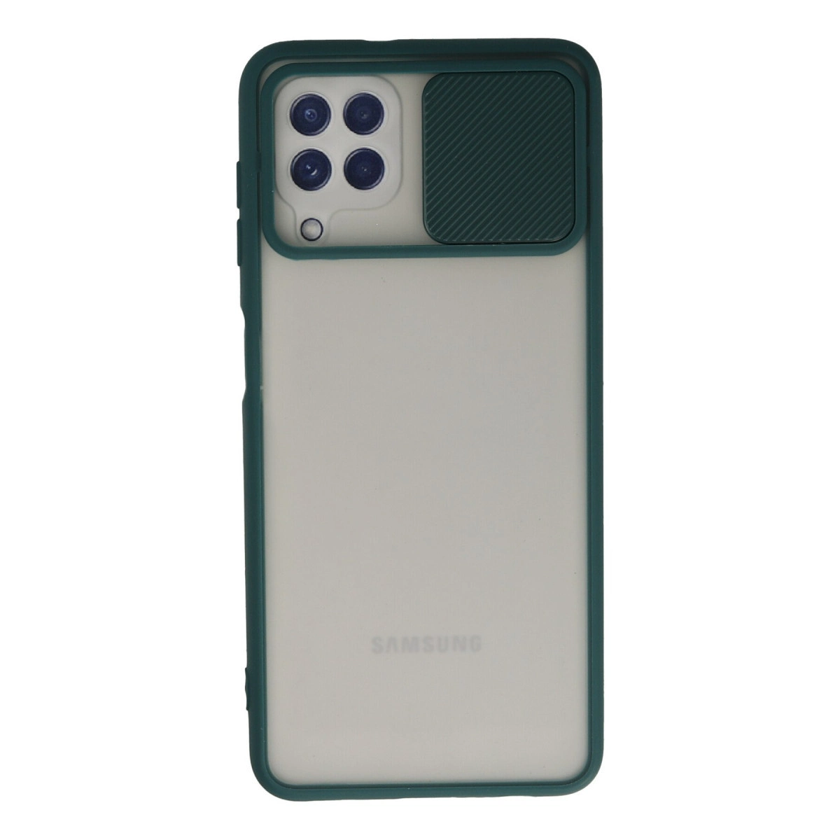 Dört kameralı ve kayar kapaklı koyu yeşil telefon kılıfı.