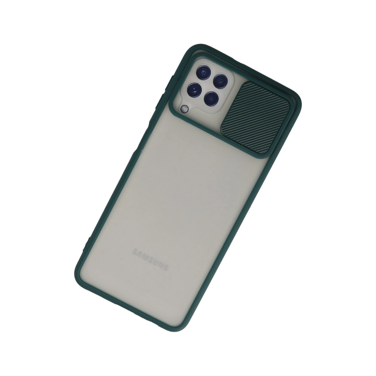 Şeffaf arka ve kamera kapaklı koyu yeşil telefon kılıfı.
