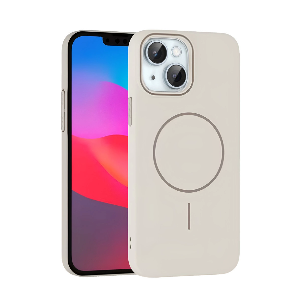 Kamera ve daire gösteren açık bej renkli bir telefon ve kılıfı.