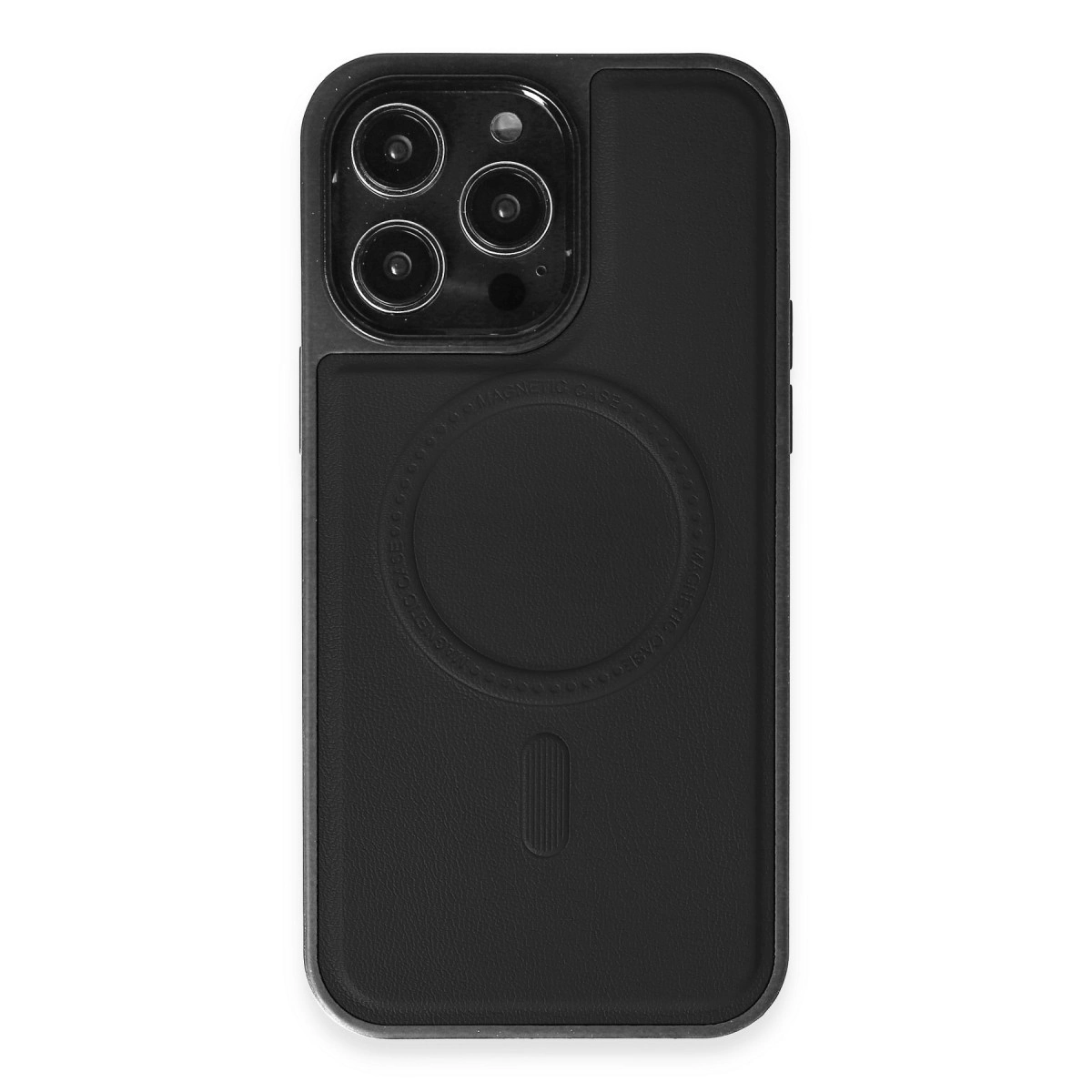 Mıknatıslı halkalı ve üç kamera lensli siyah telefon kılıfı.