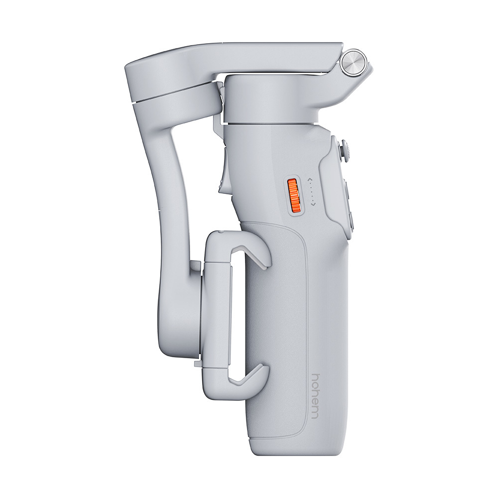 Ein grauer Gimbal-Stabilisator mit orangefarbenen Akzenten, seitlich dargestellt.