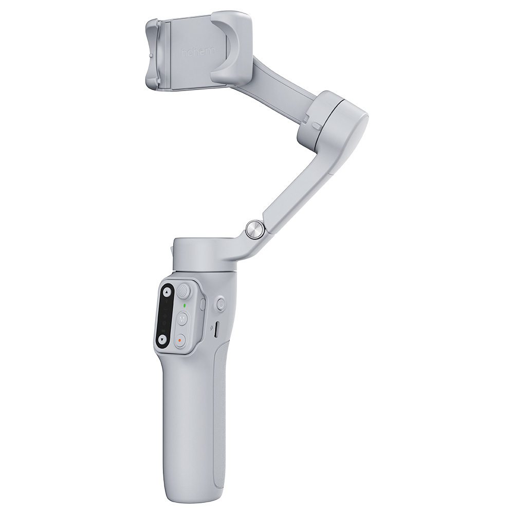 Ein weißer Smartphone-Gimbal mit Griff, Arm und Handyhalterung.