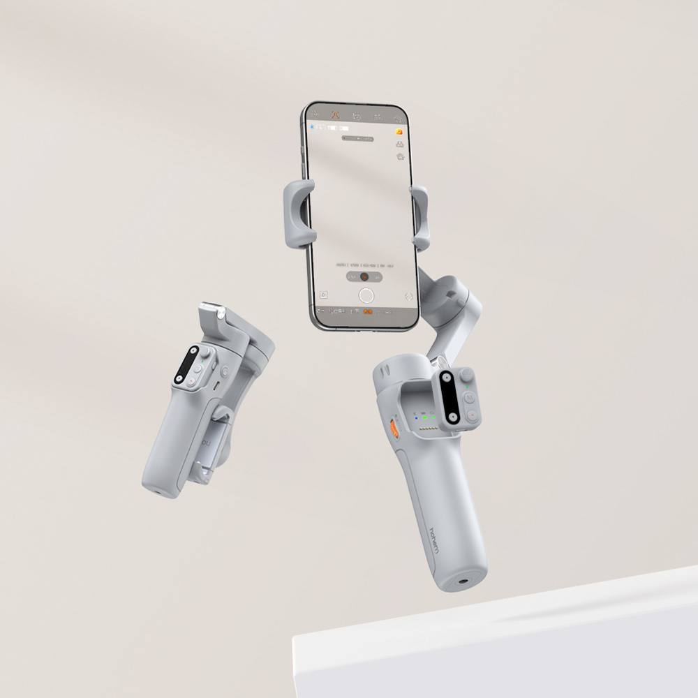 Ein weißer Smartphone-Gimbal mit drei Armen und einem Handyhalter.