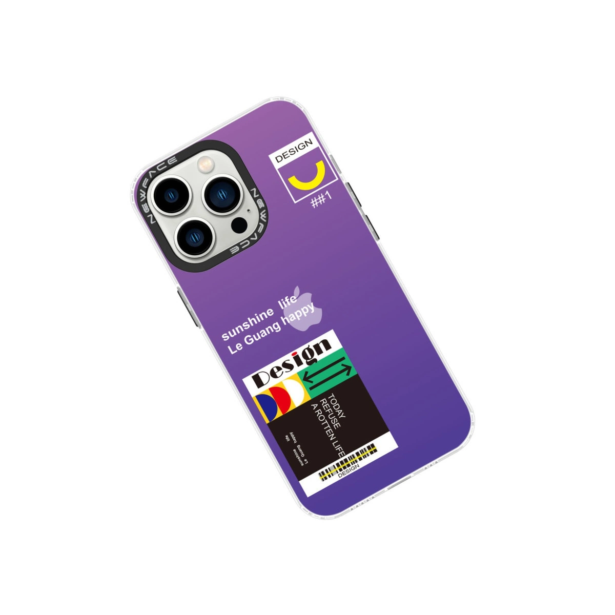 Grafik çıkartmalar ve metin içeren mor iPhone kılıfı. Üstte kamera.