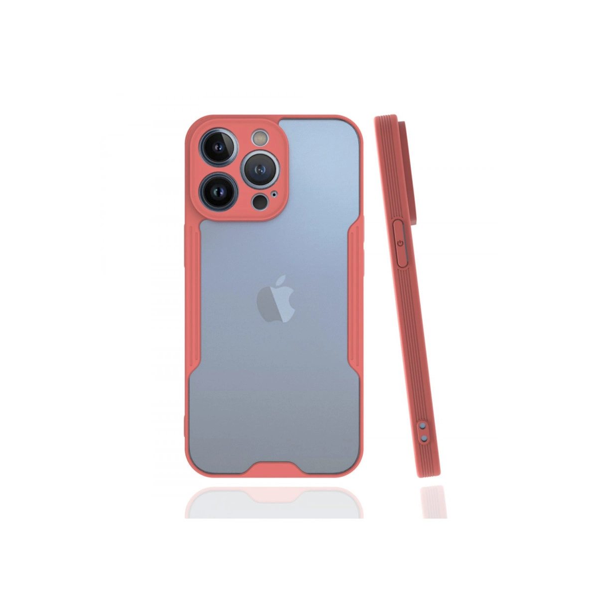 Üç kamera lensini gösteren, şeffaf arkalı mercan kırmızısı iPhone kılıfı.