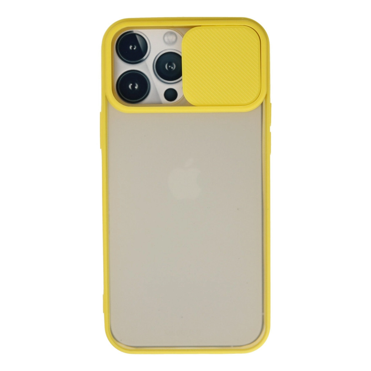 Sarı iPhone kılıfı, şeffaf arka yüzü ve kamera lens kaydırıcısı.