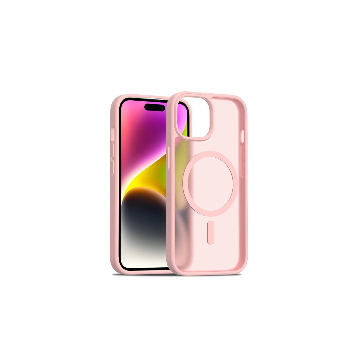 MagSafe dairesi olan pembe bir iPhone kılıfı, pembe bir iPhone'un yanında gösteriliyor.