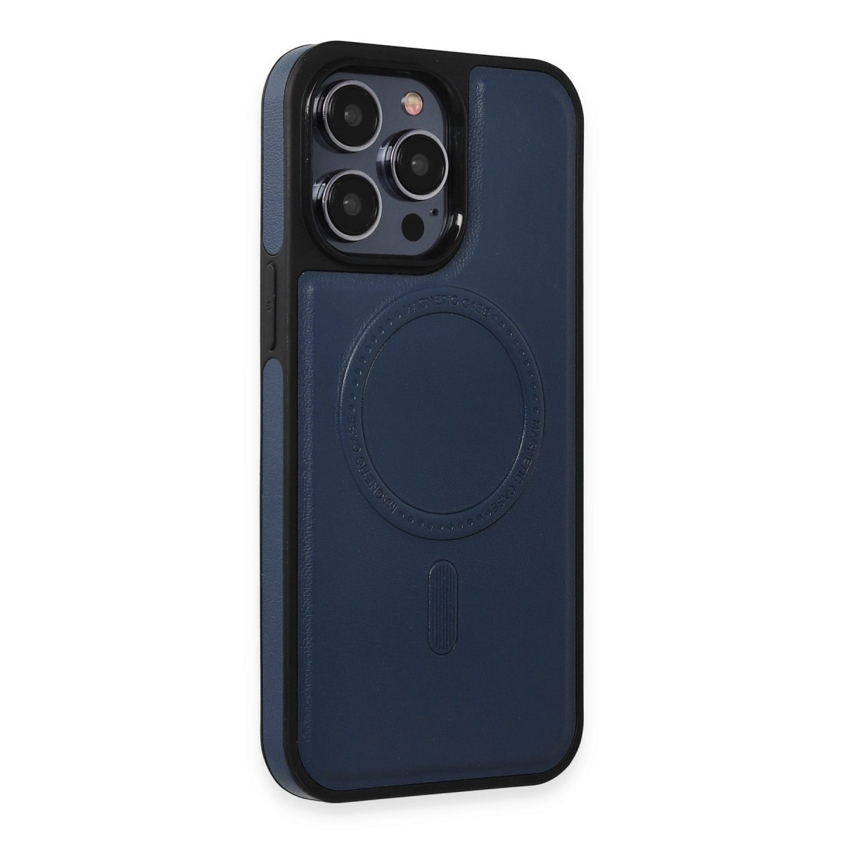 Kamera boşluklu ve manyetik halkalı lacivert telefon kılıfı.
