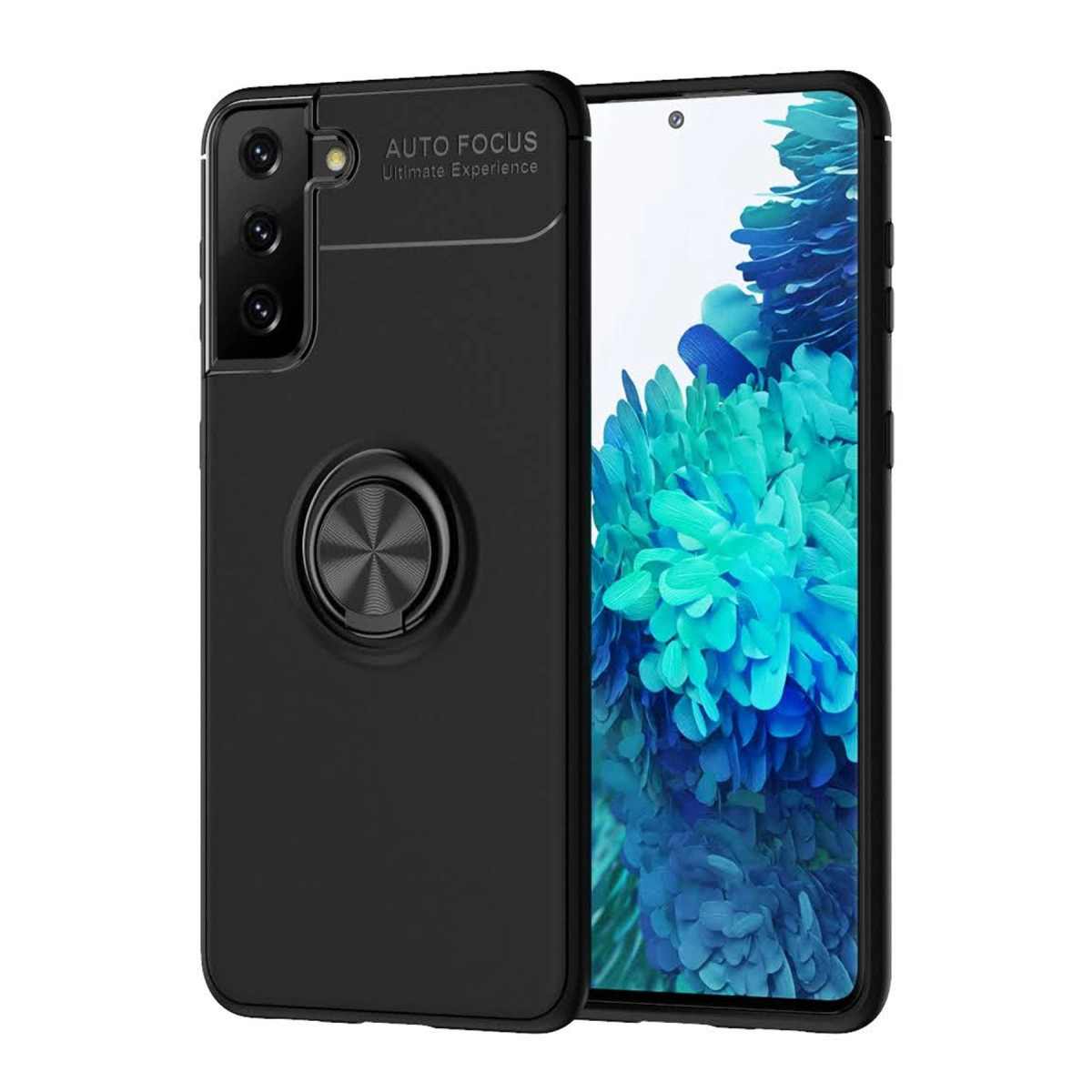Arkada halka stantlı siyah telefon kılıfı ve ekranda mavi çiçekleri olan telefon.