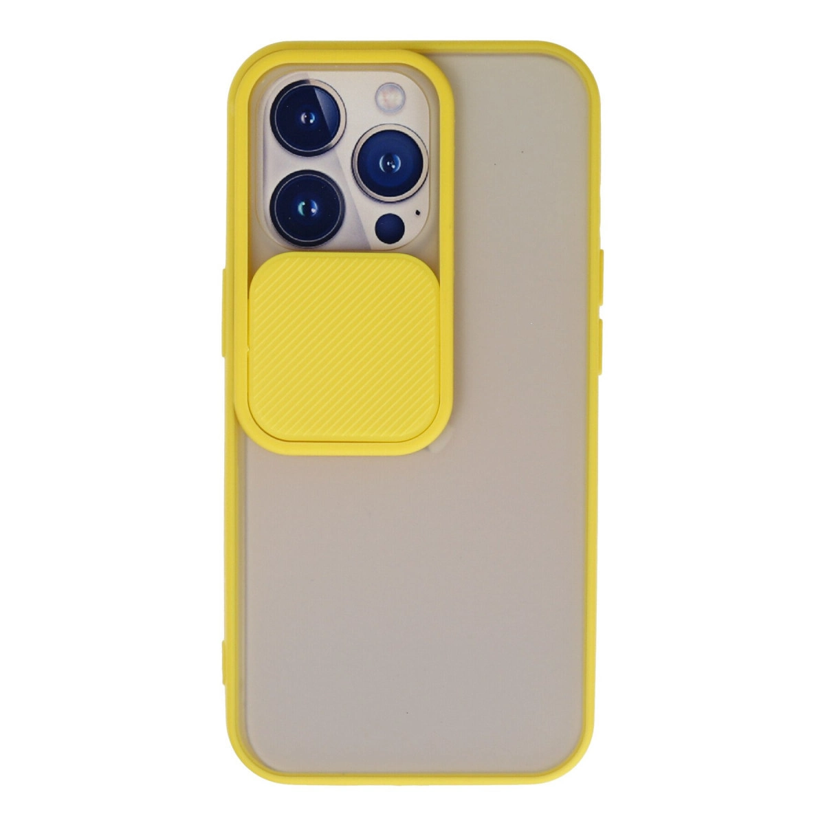 Sarı kenarlı ve kamera kapaklı gri telefon kılıfı.