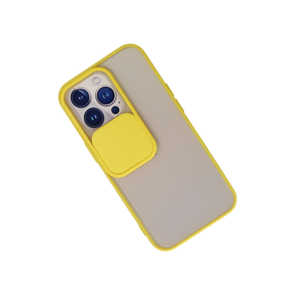 Sarı kenarlı, gri sırtlı ve sarı kamera kapaklı telefon kılıfı.