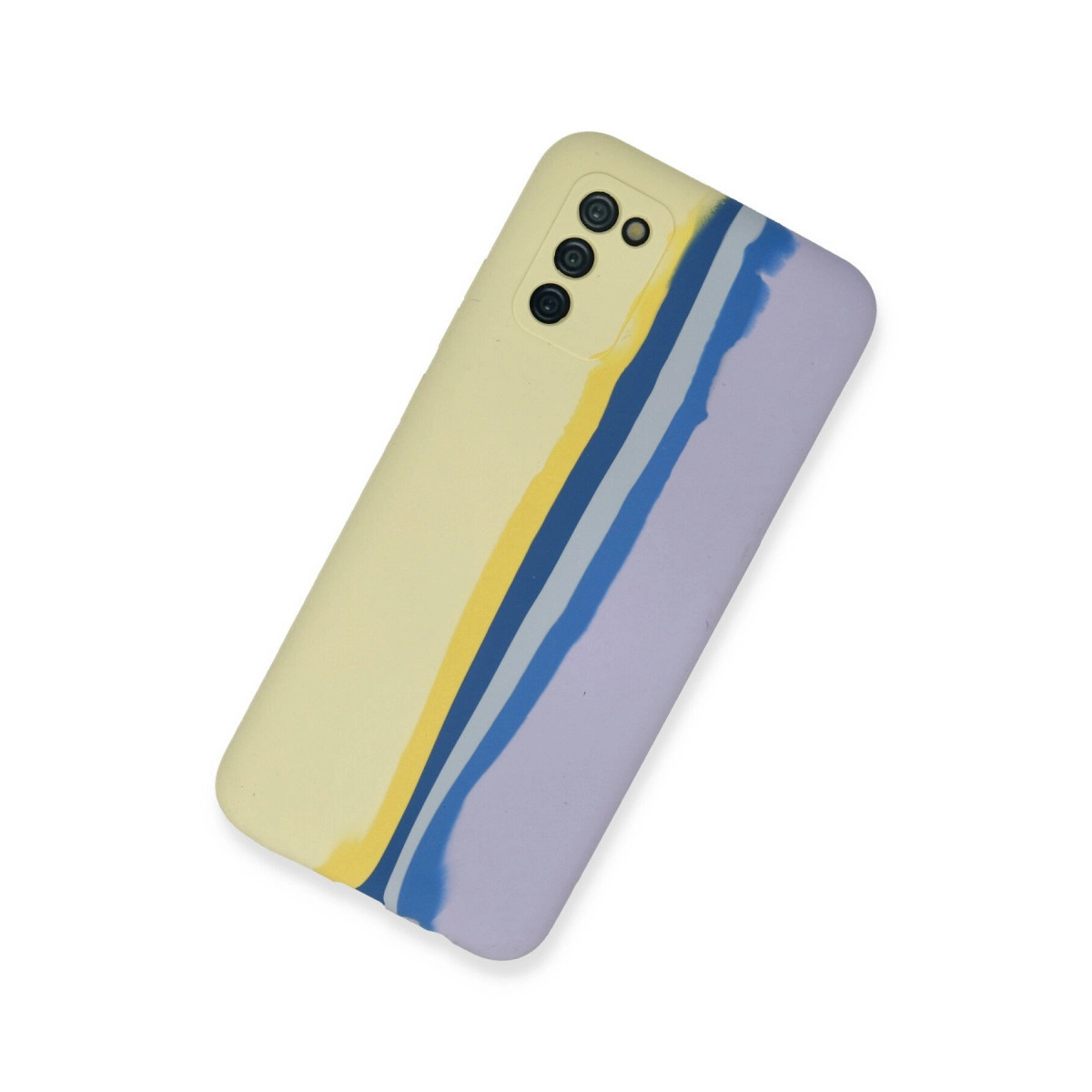 Sarı, gri ve mavi dikey çizgili açık sarı telefon kılıfı.
