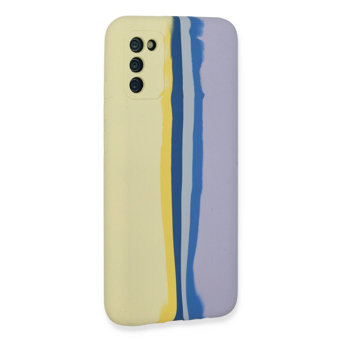 Sarı, gri, mavi ve mor dikey şeritli sarı telefon kılıfı.