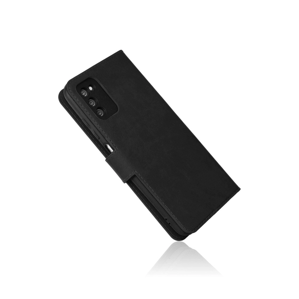 Arkada kameralı siyah akıllı telefon kapaklı kılıfta.