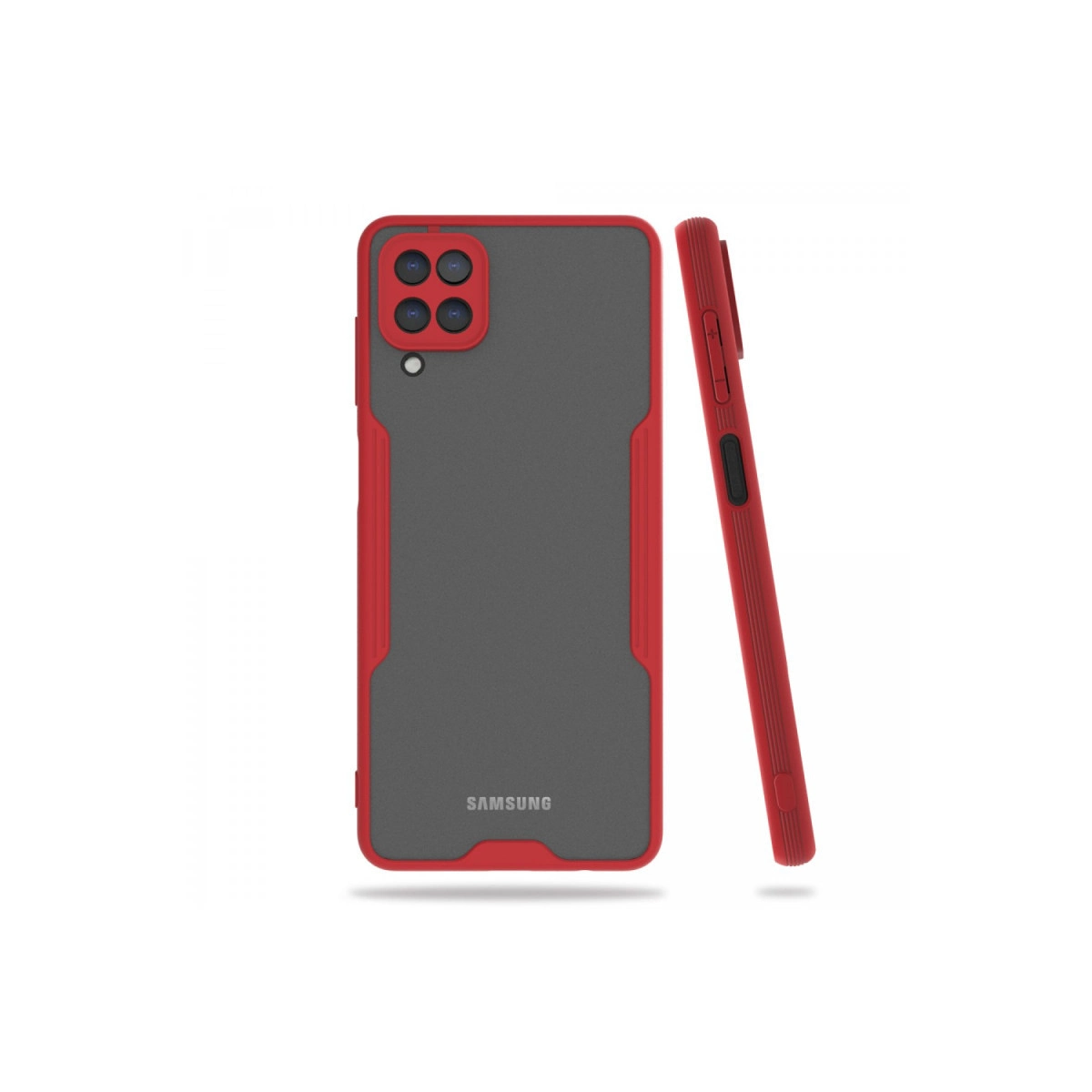 Beyaz arka planda kırmızı ve gri Samsung telefon kılıfı, arkadan ve yandan gösteriliyor.