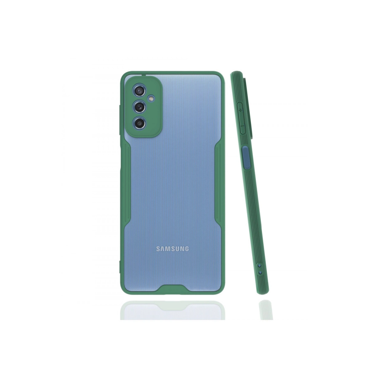 Üç kameralı yeşil kılıflı mavi telefon, yanında yan görünümü.