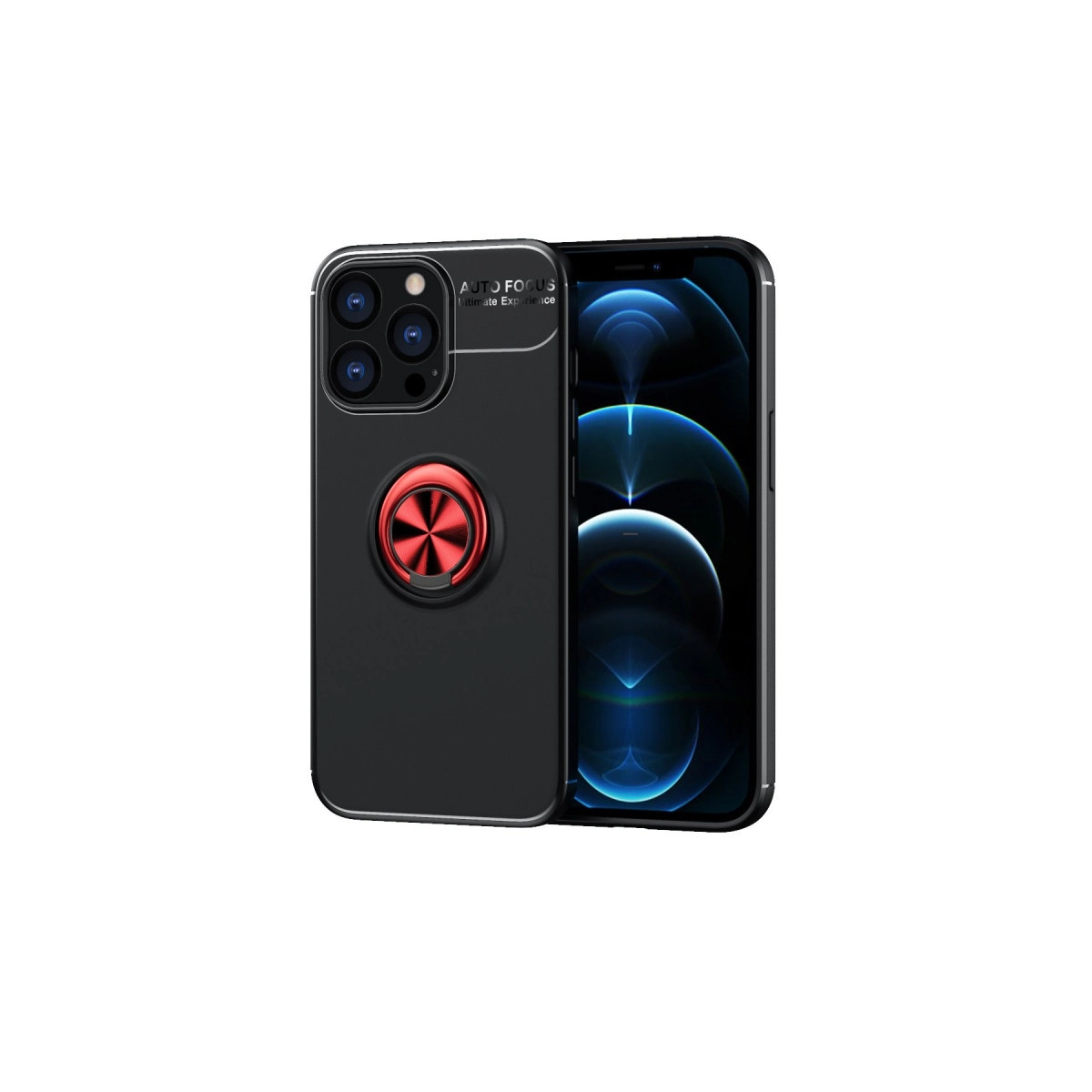 Siyah telefon kılıfı, kırmızı halka tutucu ve arka kamera dizilimi.