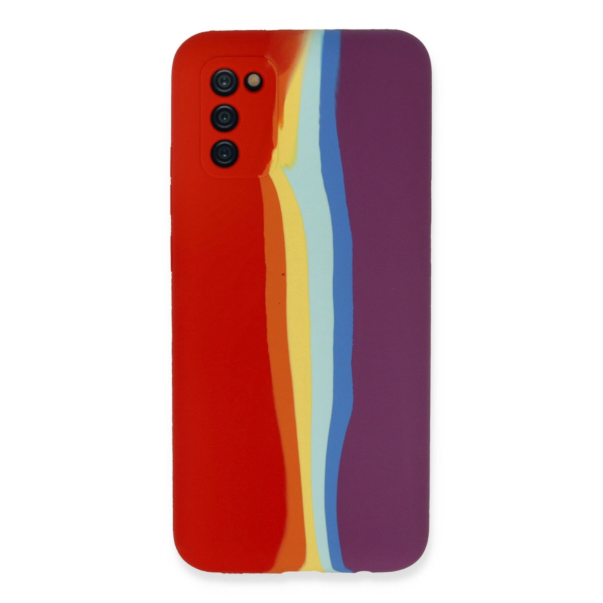 Kamera kesikli gökkuşağı şerit desenli telefon kılıfının arkası.