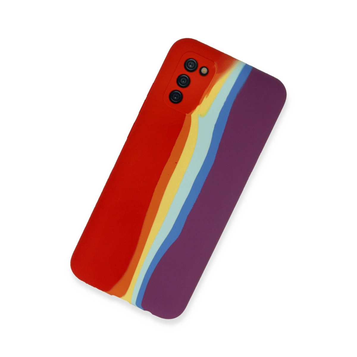 Sarı, açık mavi ve mor renkli şeritleri olan kırmızı telefon kılıfı.