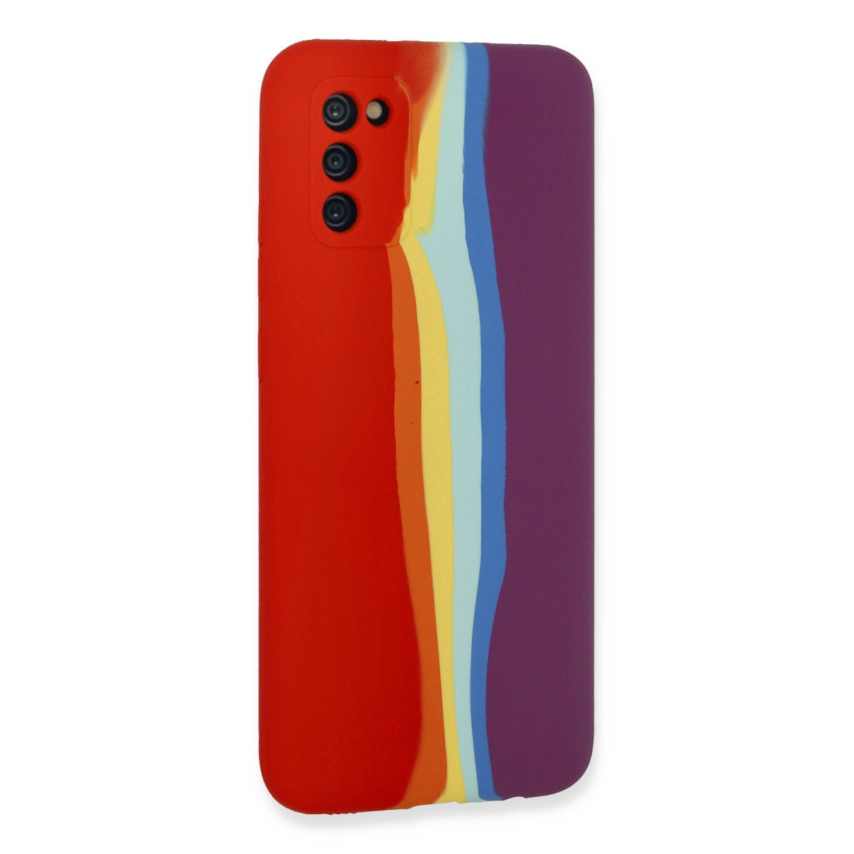 Üstte kamera kesimli, gökkuşağı çizgili kırmızı telefon kılıfı.