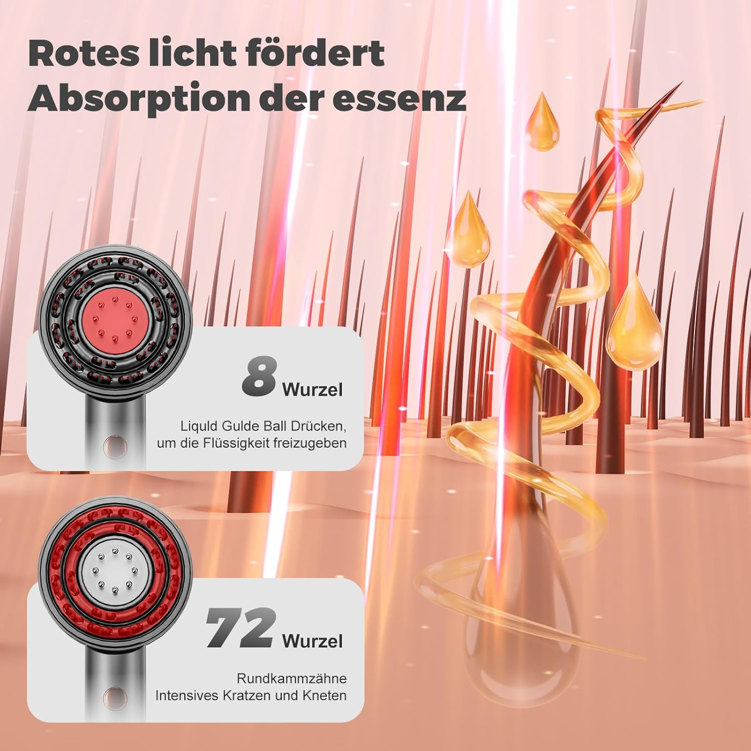 Rotes Licht fördert Essenzabsorption. Zwei Bürstenköpfe mit 8 und 72 Wurzeln.