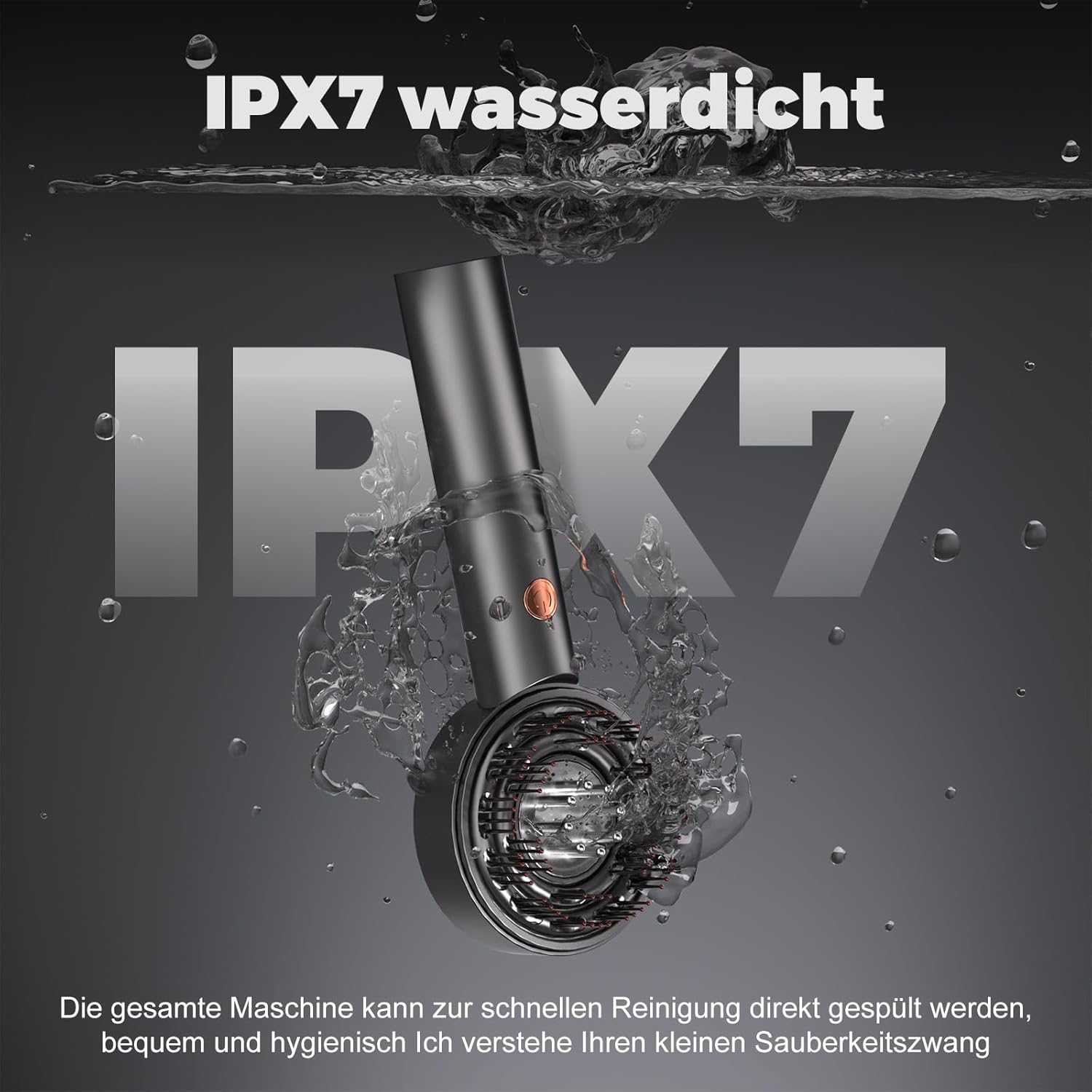 Ein schwarzes IPX7 wasserdichtes Gerät in Wasser mit Spritzern.