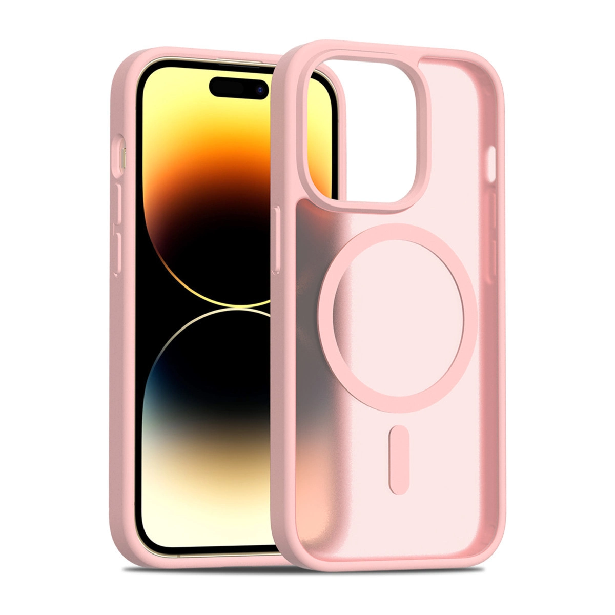 Yuvarlak MagSafe alanına sahip açık pembe telefon kılıfı.