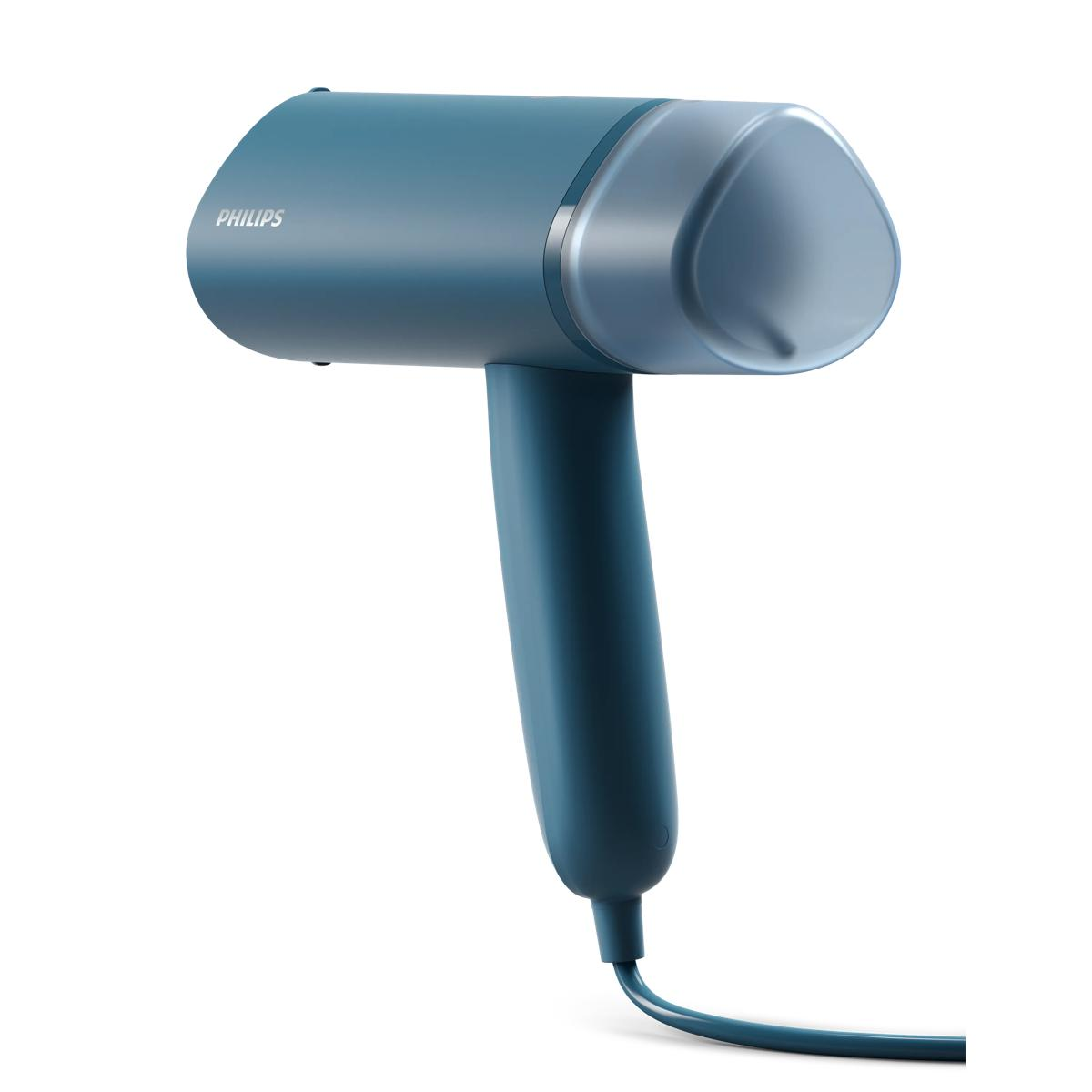 Ein blauer Philips Handdampfbügler mit klarer Düse und grauen Akzenten auf weißem Grund.