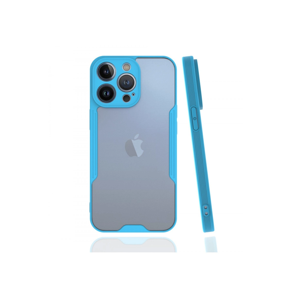 Şeffaf arka ve kamera kesimli mavi iPhone kılıfı.