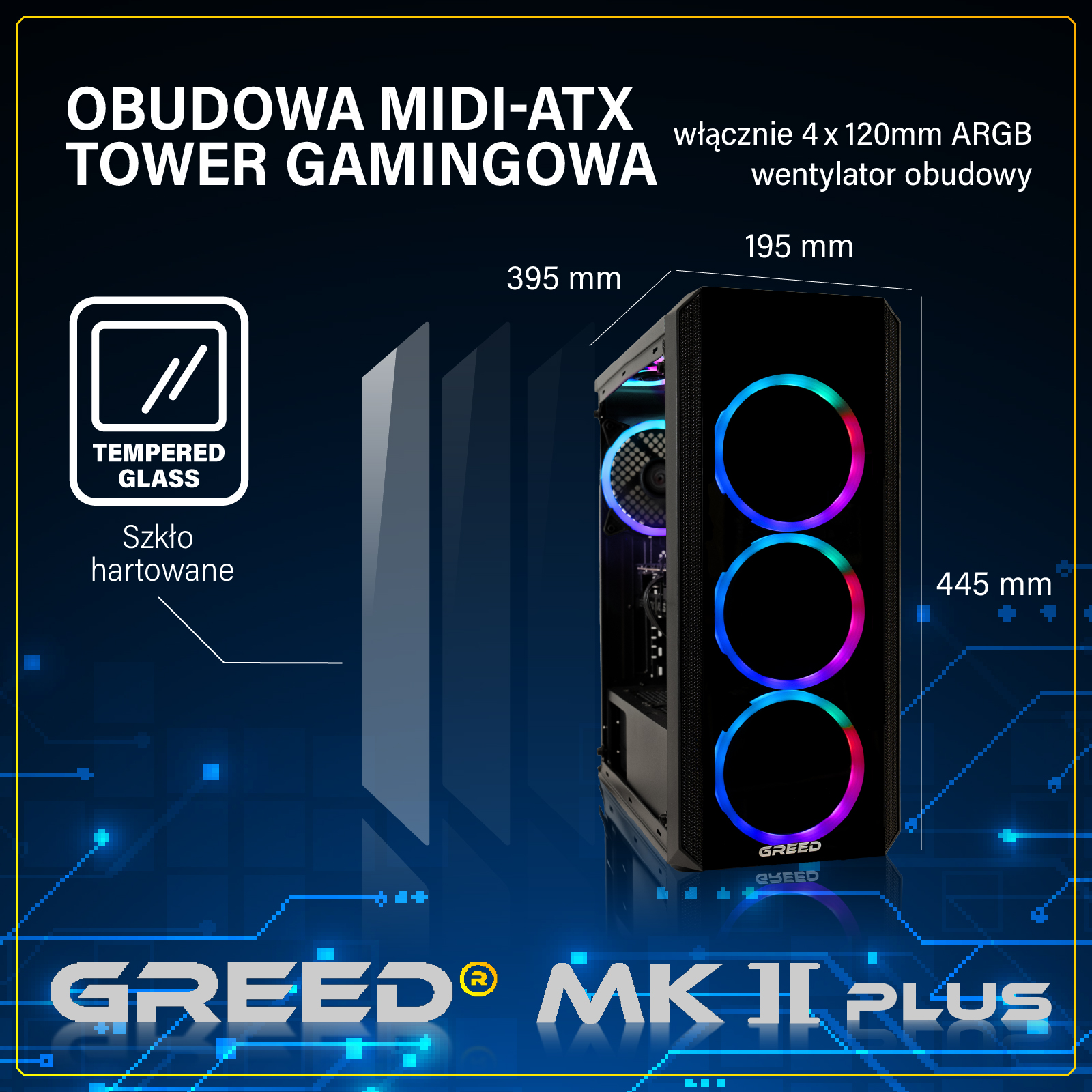 Czarna obudowa gamingowa Midi-ATX z 4 wentylatorami ARGB 120mm i szklanym panelem.