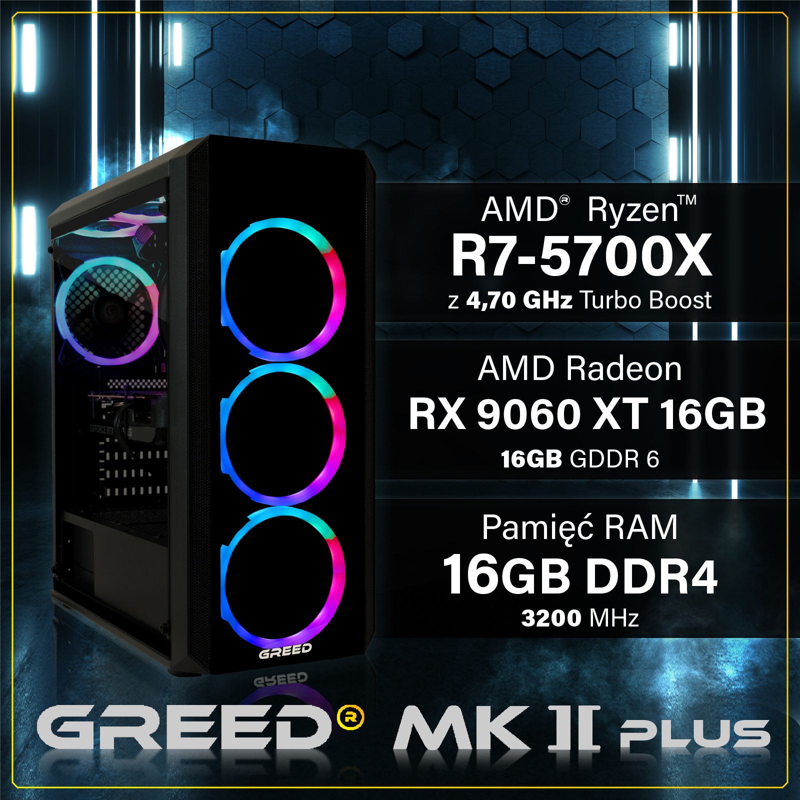 Komputer gamingowy z wentylatorami RGB, Ryzen 7 5700X, RX 9060 XT 16GB.