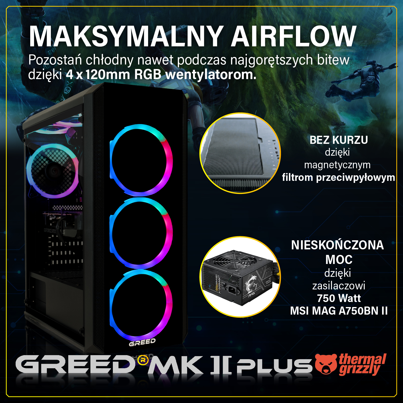 Obudowa PC z wentylatorami RGB, zasilaczem i filtrem przeciwkurzowym. Maksymalny przepływ powietrza.