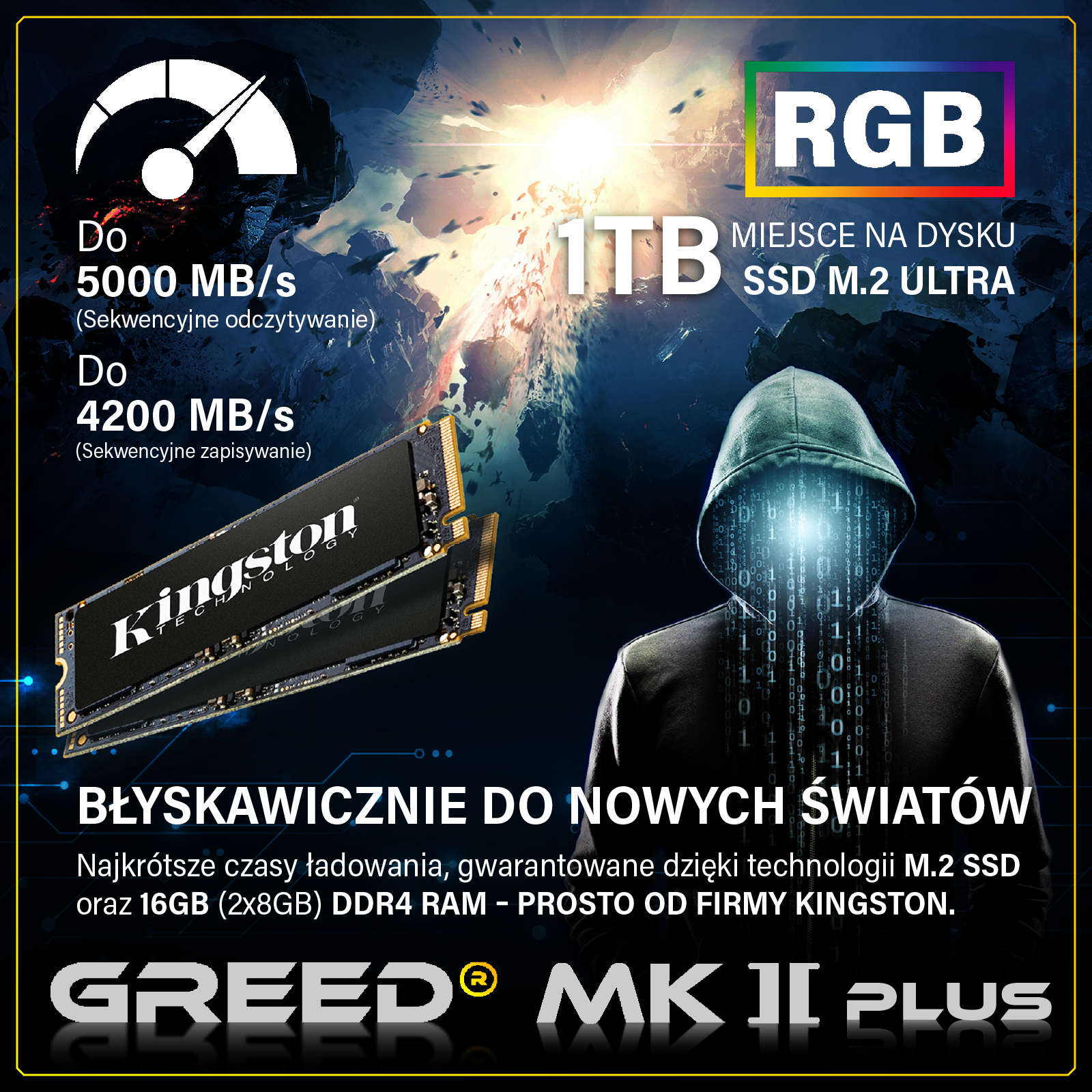 Dysk SSD 1TB, 5000MB/s odczyt, 4200MB/s zapis, RGB i logo Kingston.
