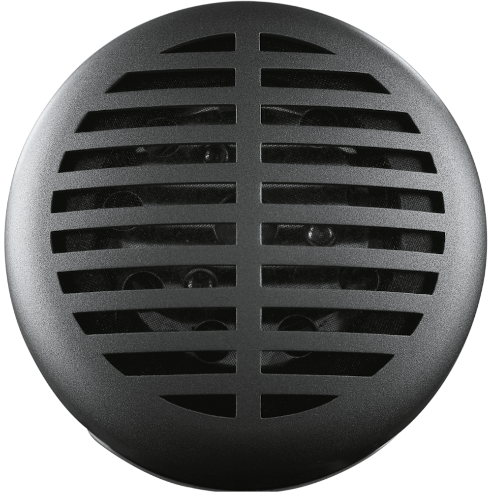 Un altoparlante nero rotondo con doghe orizzontali e rete nera dietro.
