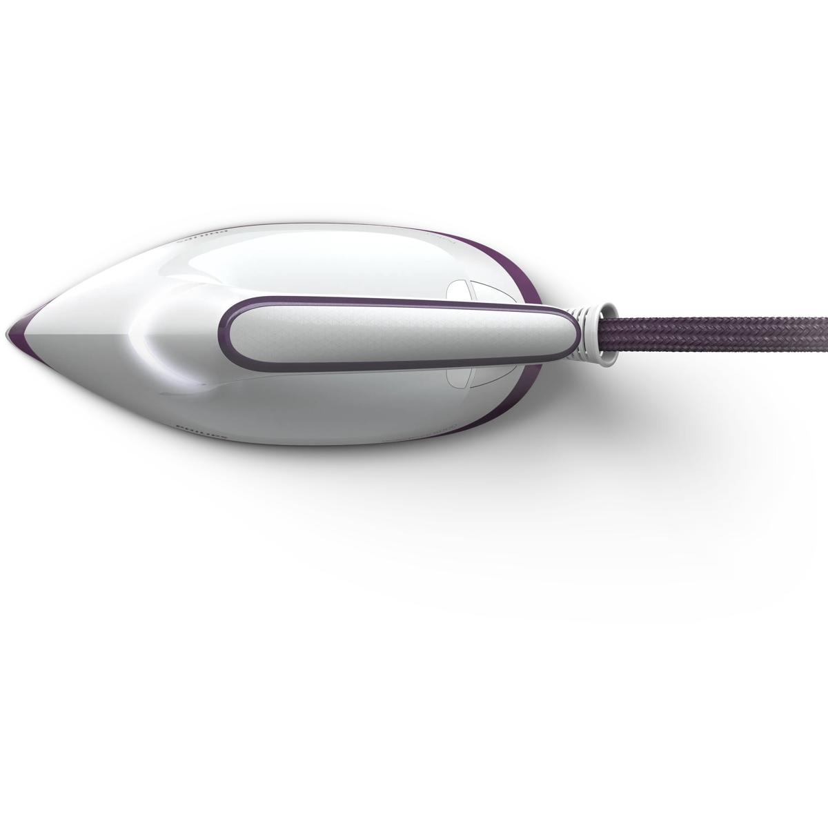 Una plancha de vapor blanca con detalles morados y cable trenzado.