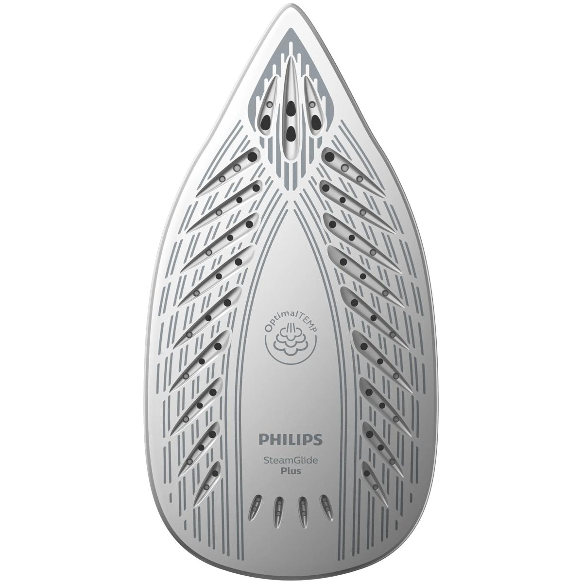 La suela de una plancha Philips blanca con orificios de vapor y el logo.