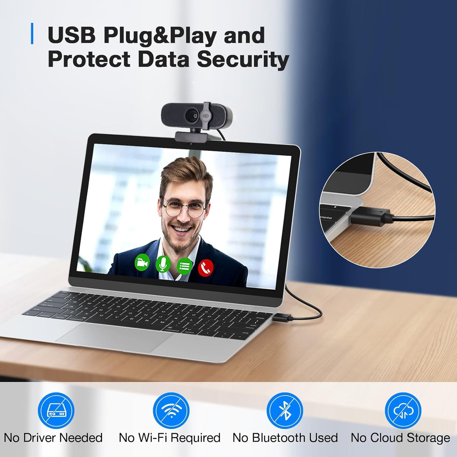 Webcam auf Laptop, Mann im Videoanruf. USB-Anschluss gezeigt.