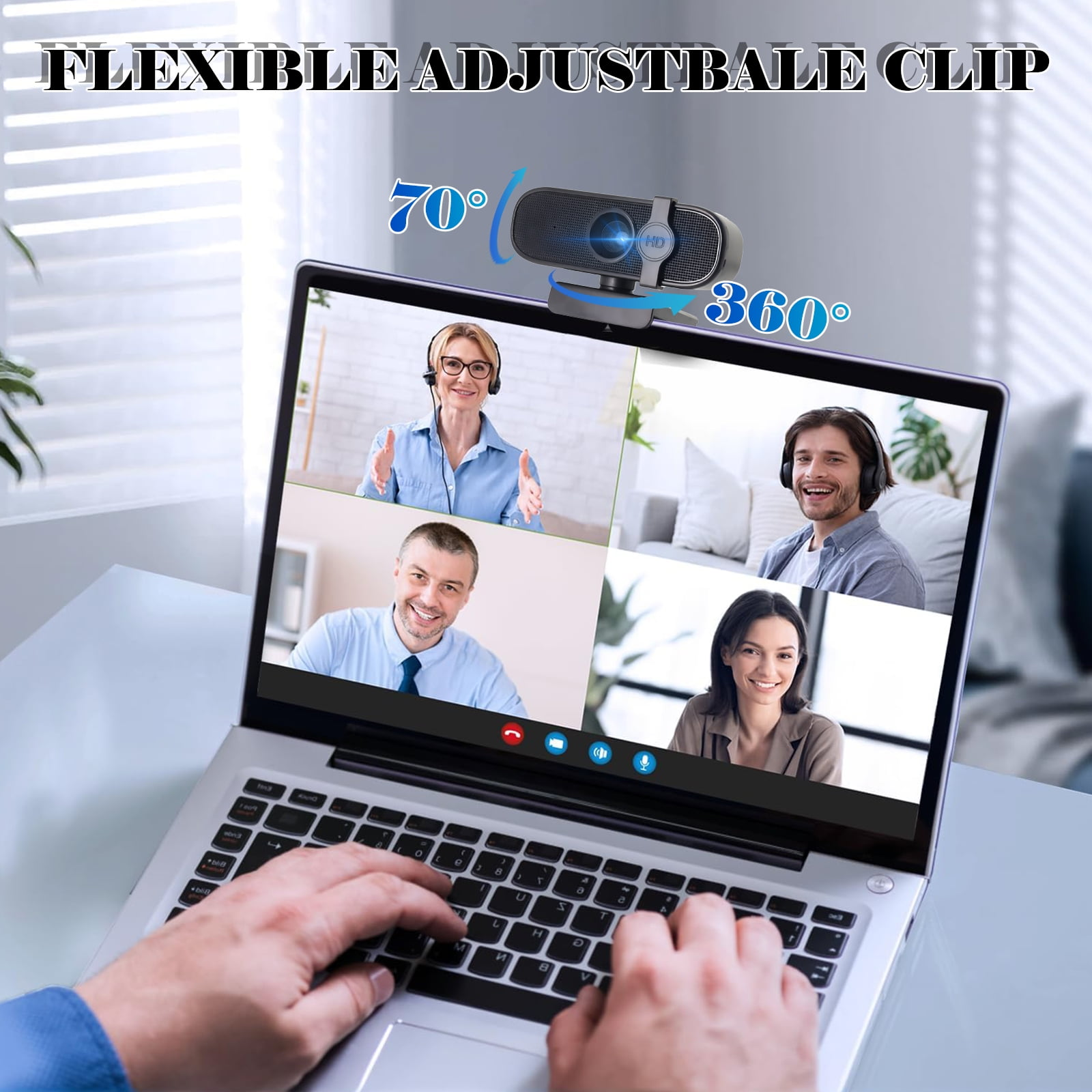 Laptop mit Videokonferenz: Vier Personen, eine Webcam mit 70° und 360°.