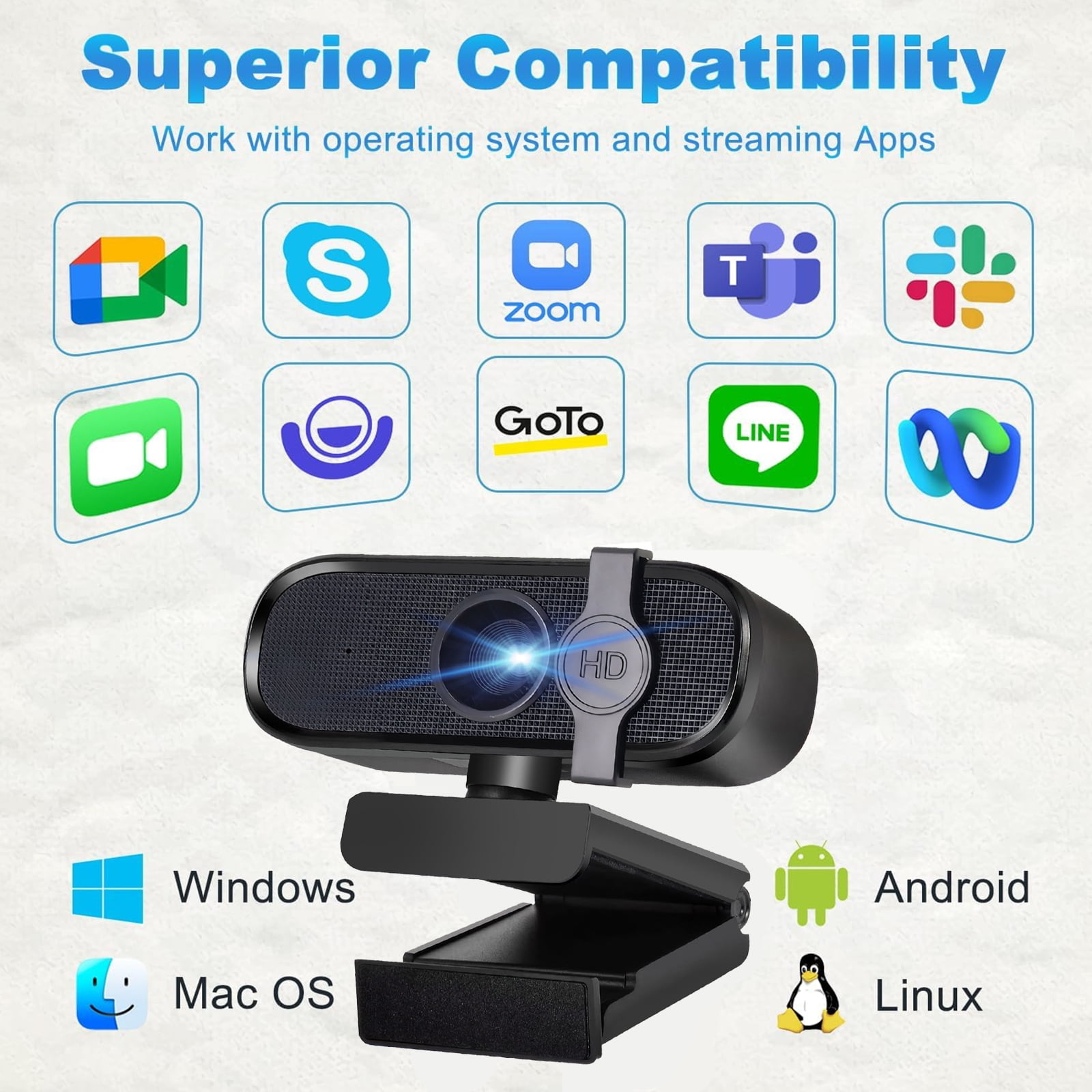 Webcam mit HD-Logo, kompatibel mit Windows, Mac OS, Android und Linux.