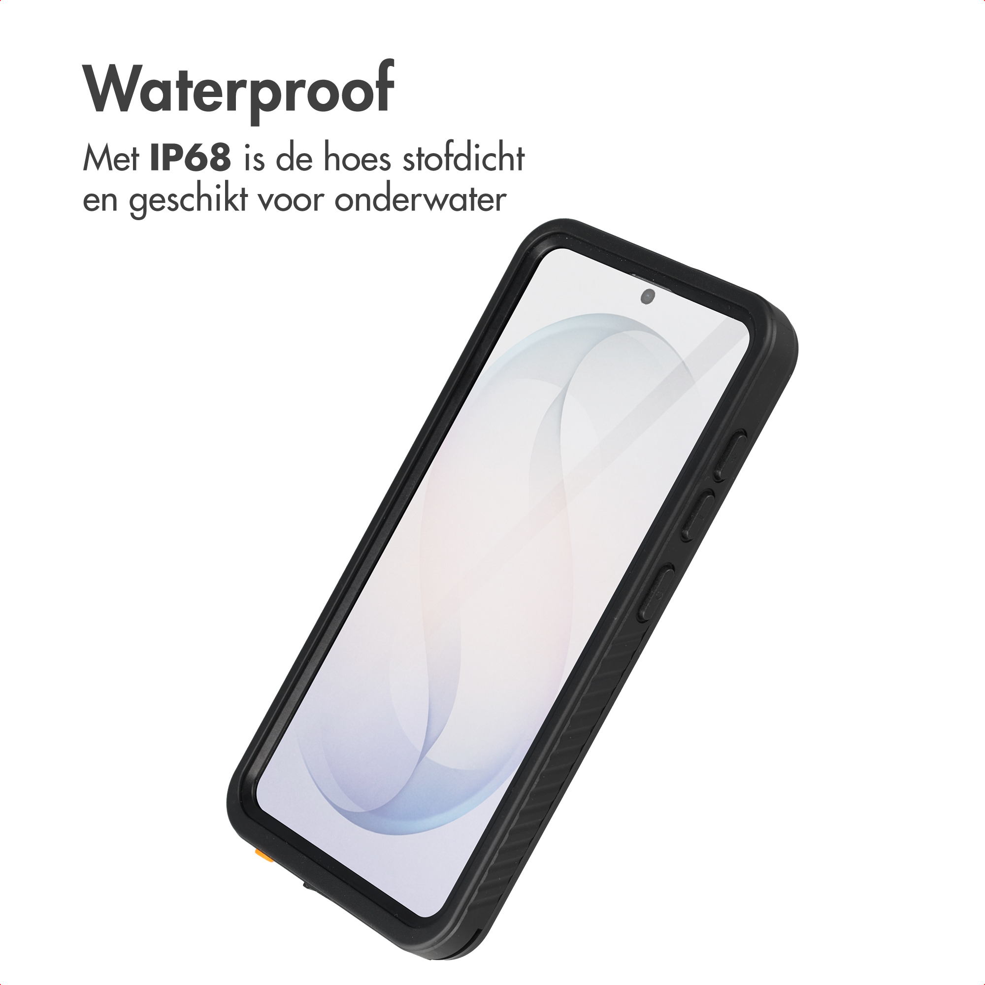 Coque de téléphone noire étanche avec accent orange, sur fond blanc.