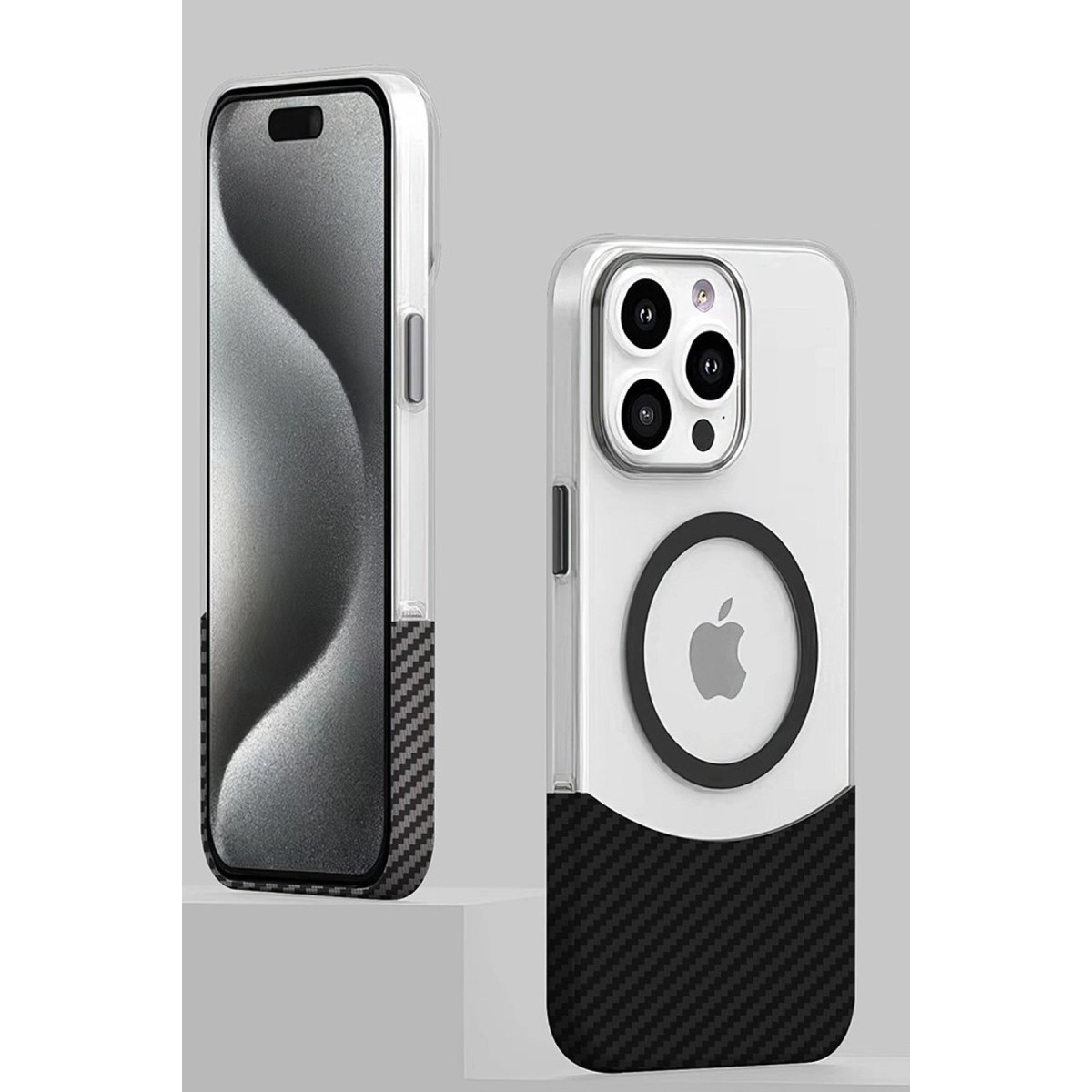 Alt kısmında siyah karbon dokuya sahip şeffaf telefon kılıfı.