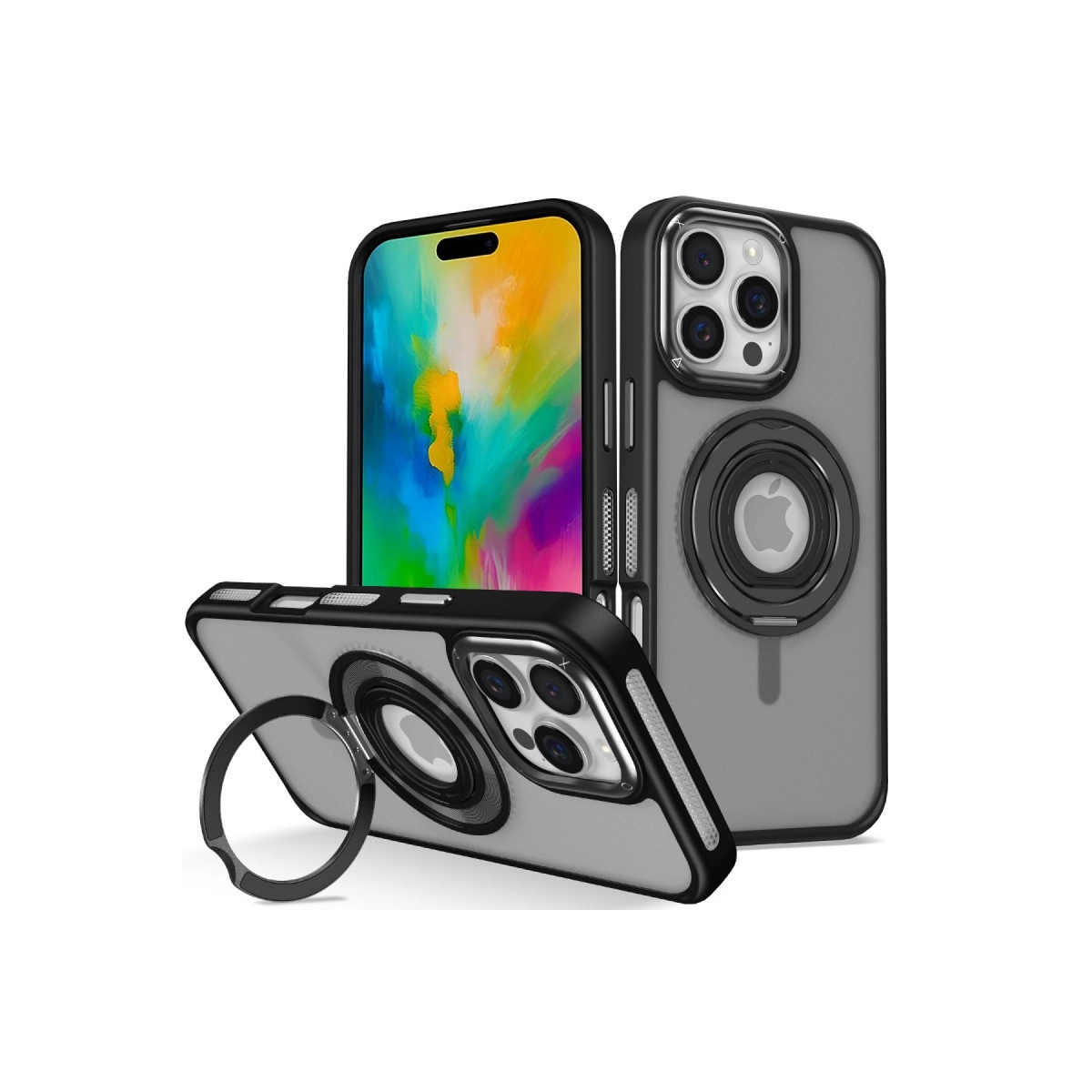 iPhone'lar için halka tutuculu ve manyetik montajlı üç gri telefon kılıfı.