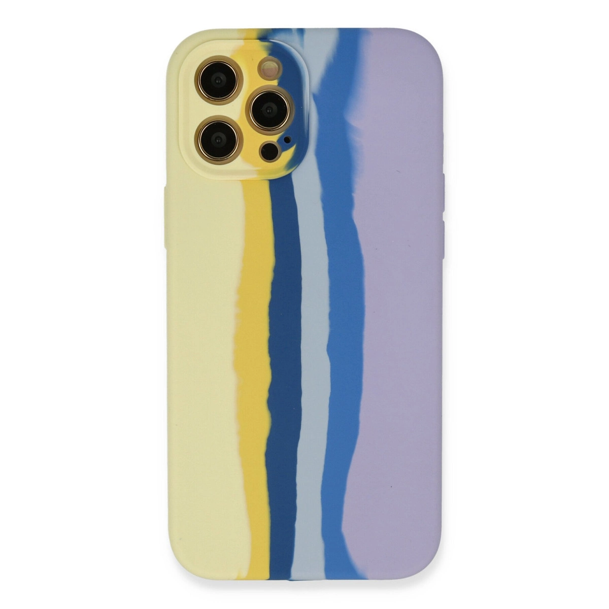 Mavi, gri ve mor çizgili desene sahip açık sarı iPhone kılıfı.
