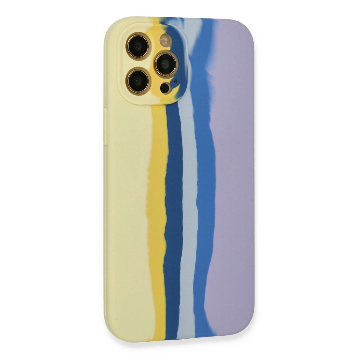 Sarı, mavi ve mor dikey şeritli telefon kılıfı.
