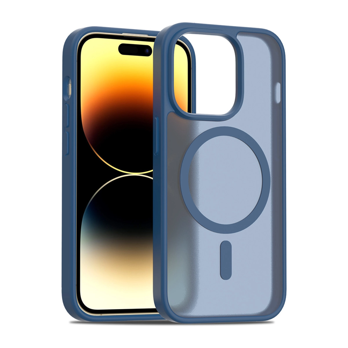 Mıknatıslı şarj özellikli mavi telefon kılıfı, akıllı telefonun yanında.