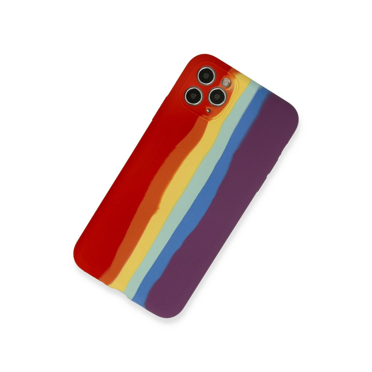 Üç kamera lensli, gökkuşağı şeritli iPhone kılıfı.