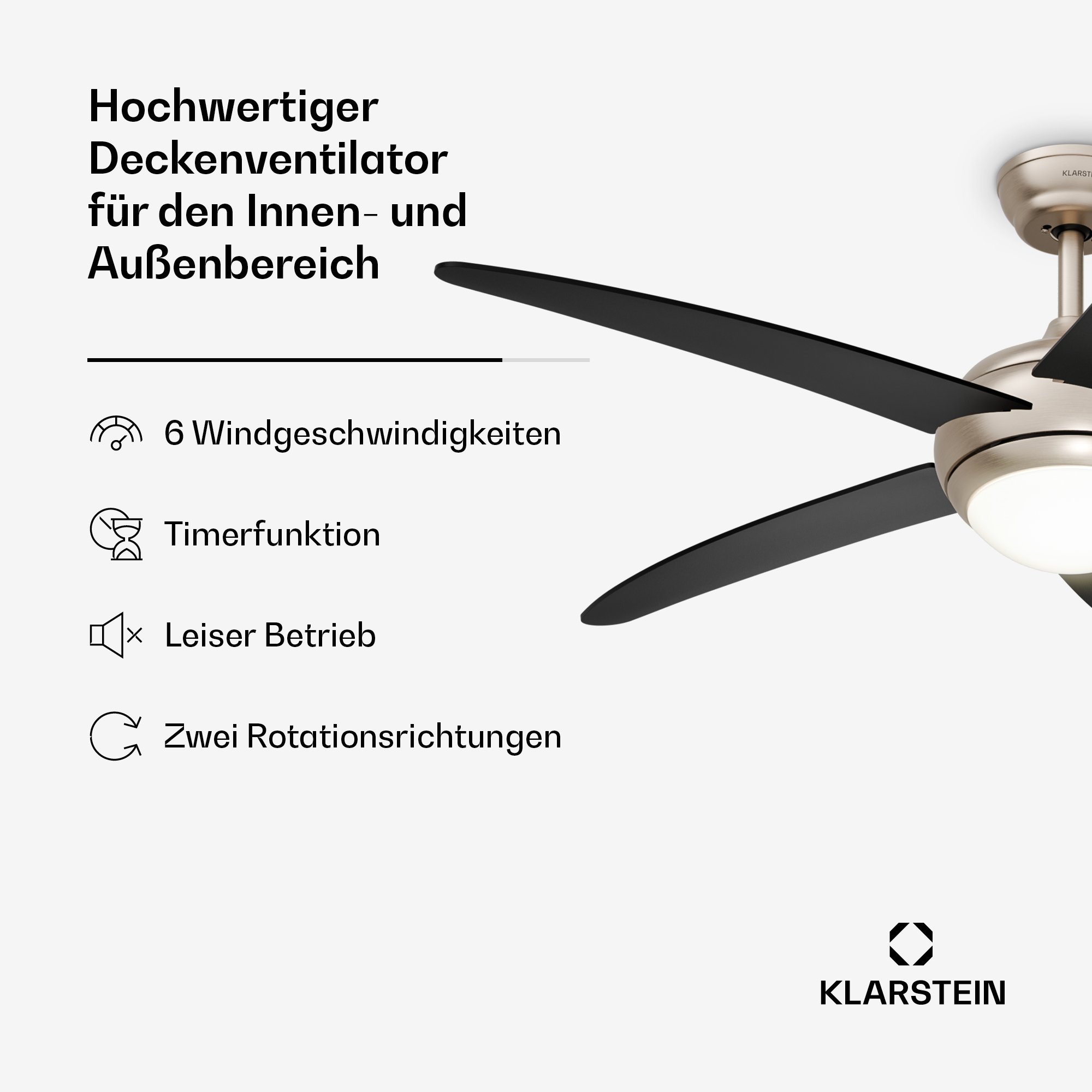 Hochwertiger Deckenventilator mit 6 Geschwindigkeiten, Timer und leisem Betrieb.