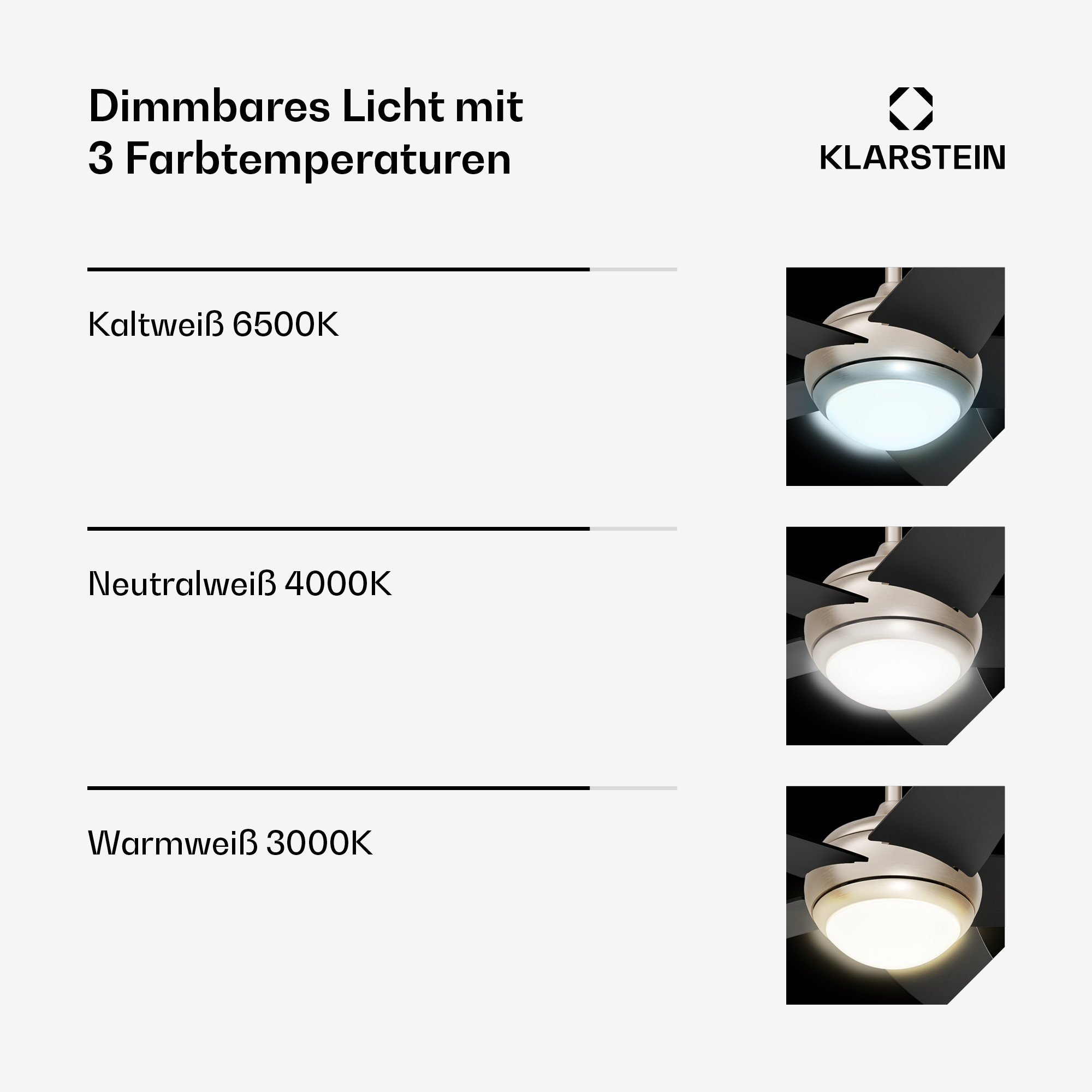 Dimmbares Licht mit 3 Farbtemperaturen: Kaltweiß 6500K, Neutralweiß 4000K, Warmweiß 3000K.