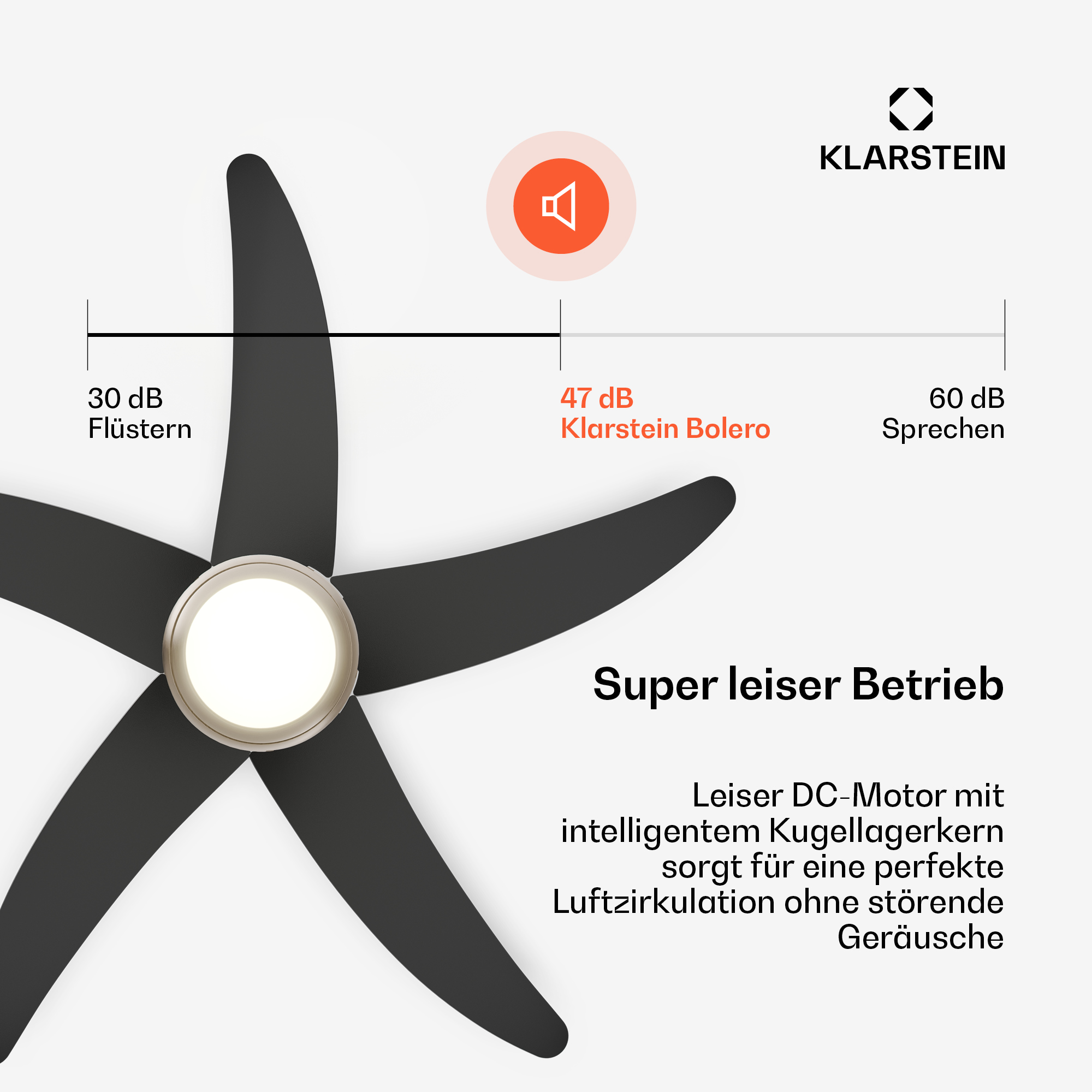 Schwarzer Ventilator mit LED-Licht und Dezibel-Anzeige: 30dB, 47dB, 60dB.